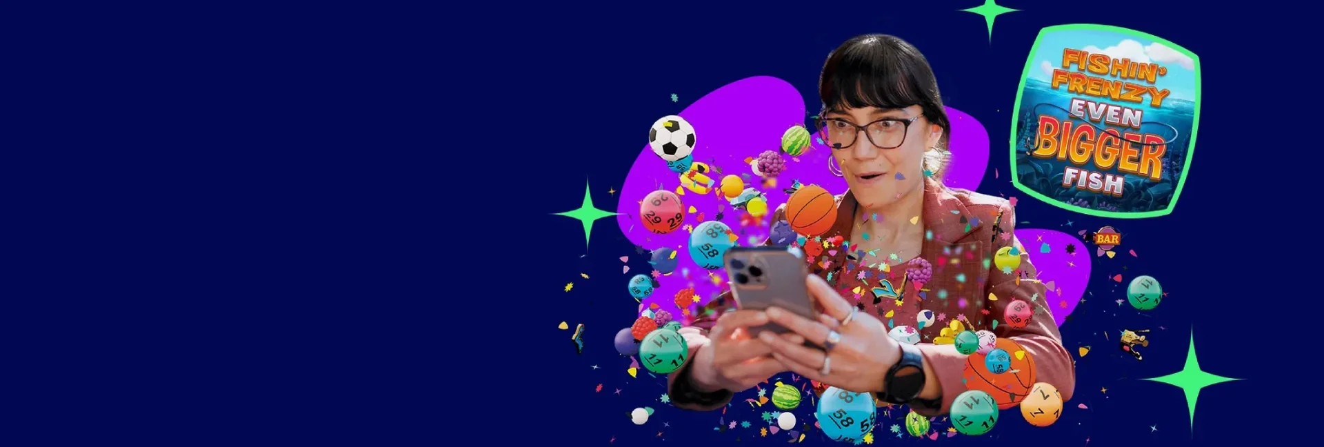 Player with a phone inside a burst of lottery balls and confetti — The Lott Crown